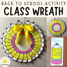 the back to school activity class wreath is made with construction paper, glue and scissors