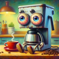 a painting of a coffee maker with eyeballs on its face, next to a cup of coffee