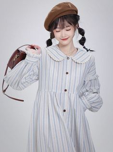 ❤doll collar sweet striped shirt dress❤︎ Doll Collar, Striped Shirt Dress, Shirtdress, Striped Shirt, Shirt Dress, Dolls, Collar, Color