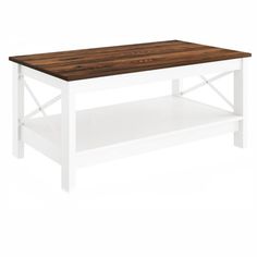 a white coffee table with wooden top