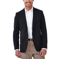 An undeniable essential, our in-motion classic fit single-breasted blazer allows for comfort without hindering your style. The 100% polyester naturally wicks away moisture keeping you cool and dry while the stretch allows you to move comfortably throughout the day with ease. Pair this with your favorite haggar chino pants.Front Style: Single BreastedFeatures: Moisture Wicking, Stretch FabricClosure Type: ButtonFit: Classic FitPockets: 1 Inside Slip Pocket, 2 Front Slip PocketsSleeve Length: Long SleeveFiber Content: 100% PolyesterLining: LinedLining Material: PolyesterCare: Dry Clean OnlyCountry of Origin: Imported Black Blazer With Jeans Men, Blazer With Jeans Men, Black Slacks Men, Black Blazer With Jeans, Mens Sports Coat, Black Sport Coat, Mens Slacks, Khaki Pants Men, Mens Jackets Casual