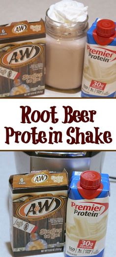 root beer protein shake is shown with the ingredients in front of it and on the bottom