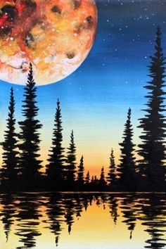 an acrylic painting of pine trees and the moon in the sky above water