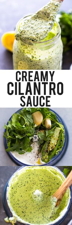 creamy cilantro sauce in a mason jar with fresh greens