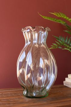 a clear glass vase sitting on top of a wooden table next to a green plant