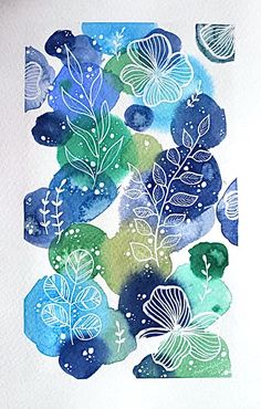 watercolor painting of blue and green flowers