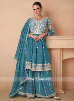 Deep Sky Blue Chinon Silk Thread Embroidered Palazzo Set... Party Wear Suits For Women, Palazzo Suit Design, Plazo Suit Design, Salwar Suit For Women, Salwar Suit Design, Salwar Design, Party Wear Suits, Deep Sky Blue, Salwar Suit Designs