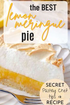 a slice of lemon meringue pie on a white plate with the title overlay