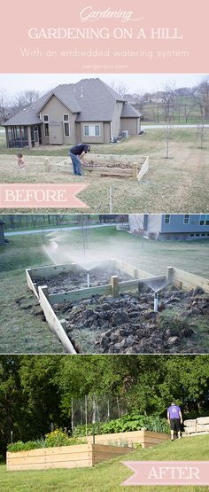 the before and after pictures of a garden on a hill