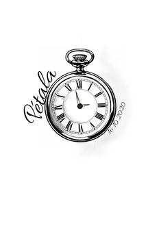 a black and white drawing of a pocket watch with the word cosmo written in cursive writing