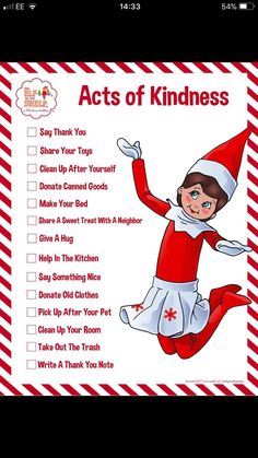 an elf's christmas list with the words acts of kindness written in red and white