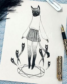 a drawing of a woman with cats on her skirt and cat tails around her neck