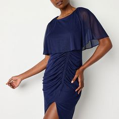 Included: 1 Cape(s)Features: Glitter, Hidden ClosureClosure Type: ZipperNeckline: Round NeckSleeve Length: Short SleeveSleeve Style: Cape SleeveApparel Length: 40.5 Inches - Back, 38.5 Inches - FrontDress Length: Knee LengthFiber Content: 100% PolyesterFabric Description: ChiffonLining Material: PolyesterCare: Hand Wash, Line DryMaterial: ChiffonCountry of Origin: Imported Blue Short Sleeve Bodycon Dress For Evening, Dresses Glitter, Elegant Cape, Sheath Dresses, Womens Sheath Dress, Knee Length Dress, Dress Blue, Sheath Dress, Knee Length