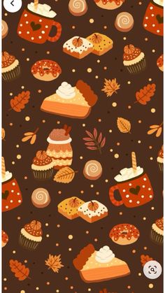 a brown background with cupcakes and other desserts on it's sides