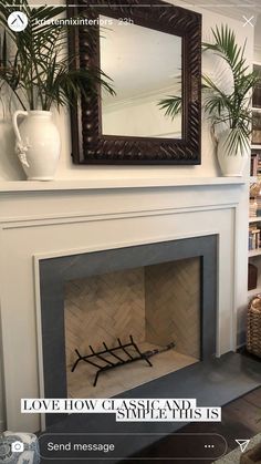 a fireplace with a mirror above it and some plants on top of the mantel