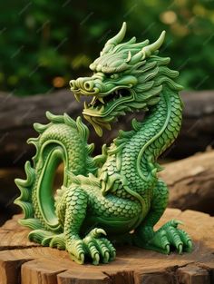 a green dragon statue sitting on top of a tree stump