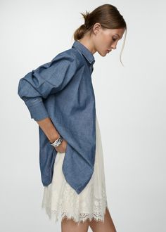 Pocket denim shirt - Woman | MANGO USA Mango Shorts, Fringed Belt, Patches Shirt, Womens Denim Shirt, Perfect Denim, Fringe Skirt, Denim Blouse, Layered Tops, Denim Shirt