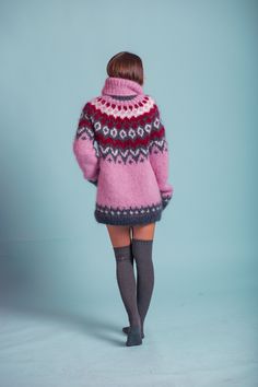 Mohair Long Sleeve Sweater For Cold Weather, Long Sleeve Mohair Sweater For Cold Weather, Pink Mohair Sweater For Winter, Pink Fair Isle Sweater For Fall, Pink Fair Isle Pattern Sweater For Fall, Pink Mohair Winter Outerwear, Pink Mohair Long Sleeve Outerwear, Pink Fair Isle Sweater For Winter, Pink Fair Isle Winter Sweater