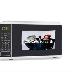 a microwave with the words microwave wave to earth on it's door and two people in front