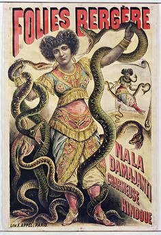 an old poster with a woman holding a snake in her hand and other snakes around her neck