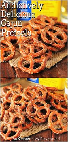 there are two pictures of pretzels on the table