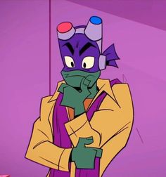 an animated character with purple hair wearing a yellow jacket and green scarf, standing in front of a purple wall