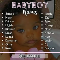 the baby boy name list is shown in pink and white, with an image of his head