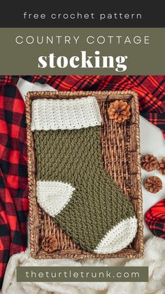 Photo shows a green and white, crochet Christmas stocking laying in a wooden basket. Crochet pattern is the Country Cottage Stocking by The Turtle Trunk. Easy Crochet Stocking, Crochet Stocking Pattern, Easy Christmas Stockings, Stocking Crochet Pattern, Stocking Crochet, Farmhouse Christmas Stockings, Crochet Christmas Stocking Pattern, Crochet Stocking