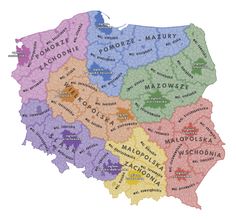 a map of poland with all the major cities and their capital names in different colors