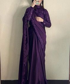 Saree For College Function, Farewell Sarees Colleges, Modest Saree, Farewell Outfits, Blouse High Neck, Farewell Dresses, Saree For Wedding Function, Embroidery Boutique, Purple Saree