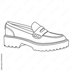 Women's Loafers Slip On Shoes Line art, Technical sketch hand drawing outline vector doodle side view isolated on white background for coloring page Side View