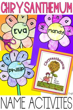 three different flower pictures with the words, name activities and an image of flowers on them