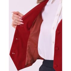 Pair with the solid color blouse or ruffle neck shirt for a casual business style. In this vintage solid color velvet fabric design, this vest is classic and timeless for your daily outfits. Classic OL style, fit for office and other formal occasions. Retro contrast satin with velvet can show your elegance and more charming, making you look more and more capable. Classic Red Vest For Fall, Classic Red Vest For Workwear, Classic Red Sleeveless Outerwear, Formal Red Vest For Fall, Classic Vest With Lapel Collar For Fall, Formal Vest Top For Fall, Formal Fall Blazer With Vest, Formal Blazer With Vest For Fall, Semi-formal Fall Blazer With Vest