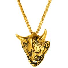 PRICES MAY VARY. 👹 Punk Gothic Oni Mask Necklace👹: Hannya Damon Mask design:-Amulet / protection / decoration pendant. Meaning of the Demon: wisdom.small horns and use dark magic to perform their evil deeds, such as summoning ikiryō to attack their enemies. They are not completely evil; there remains a chance for these beginner demons to return to humanity. Material : stainless steel based, 18k gold Plated, shiny like real gold; hypoallergenic, lead free,nickle free and robust. Size: pendant 1 Hannya Maske, Masque Hannya, Trendy Pendant Necklace, Gothic Pendant, Japanese Jewelry, Skull Pendant Necklace, Necklace Gothic, Mask Necklace, Horn Jewelry