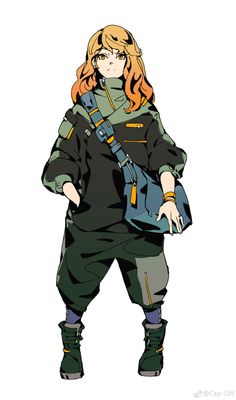 an anime character with orange hair and green pants, holding a blue bag in her hand