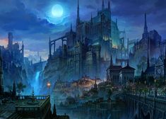 an image of a fantasy castle at night