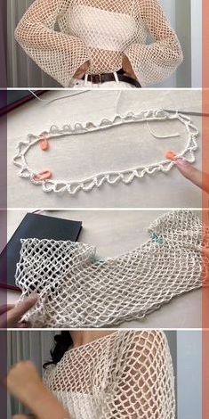 four pictures showing how to make a crochet top