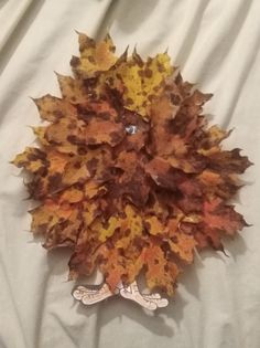 a clock made out of leaves on top of a white sheet