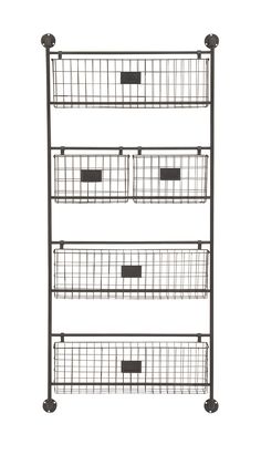 three tiered metal shelf with baskets on top and two wheels in the bottom, against a white background