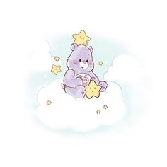 a purple teddy bear sitting on top of a cloud holding a star in its paws