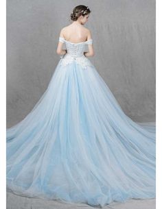 Romantic Ball-Gown Off-the-Shoulder Sweep Train Tulle Wedding Dress With Appliques Lace Wedding Dress For Pregnant Women, Princess Ball Gowns Wedding Dress, Blue Ball Gown, Weddings Dresses, Bridesmaid Dress Collection, Period Pieces, Fairytale Princess, Blue Ball Gowns, Umbrella Wedding