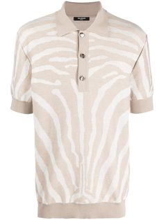 light beige white cotton-linen blend zebra print patterned jacquard polo collar front button placket short sleeves ribbed trim straight hem This item contains at least 50% materials which are certified or widely recognised as having a lower environmental impact through production and/or manufacturing processes that reduce water consumption and the use of harmful chemicals, or re-use by-products of the production process. Beige Polo Shirt For Spring, Luxury Beige Summer Tops, White Jacquard Knit Short Sleeve Top, Cream Polo Shirt For Summer, Beige Short Sleeve Top With Striped Collar, Button Down Polo, Jacquard Shirt, Men Stylish Dress, Polo Shirt White