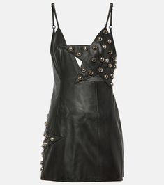 Studded leather minidress in black - Area | Mytheresa Chic Leather Mini Dress, Leather Mini Dress For Evening, Sleeveless Leather Club Dress, Sleeveless Leather Dress For Club, Sleeveless Leather Mini Dress For Club, Edgy Leather Mini Dress For Night Out, Edgy Leather Dress For Night Out, Edgy Fitted Leather Mini Dress, Edgy Leather Dresses