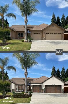 before and after shots of a house with palm trees