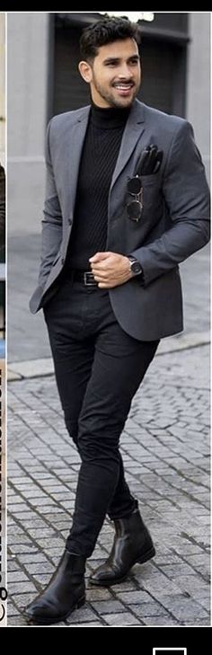 Black Turtle Neck Blazer Outfit Men, High Neck T Shirt Men With Blazer, Mens Clothing Styles Turtle Neck, Blazer With High Neck Men, Turtle Neck Mens Outfit Formal, Turtle Neck Outfit Formal, Men’s Turtle Neck Suit, Prom Suits For Men Black Turtle Neck, Mock Neck Suit Men