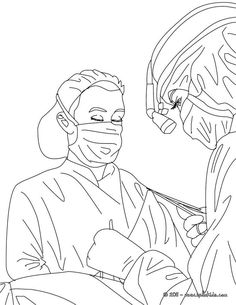 a woman getting her face bandaged by a doctor in black and white coloring book page