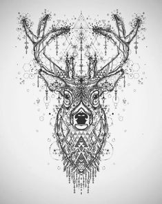 a black and white drawing of a deer's head with lots of dots on it