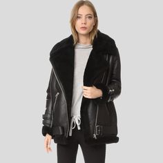 Black Shearling Jacket Outfit, Shearling Jacket Outfit, Black Shearling Jacket, Acne Studios Jacket, Aviator Leather Jacket, Leather Jackets Online, Shearling Jacket Women, Jacket Store, Winter Mode