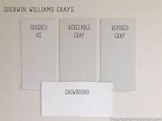 three pieces of white paper with black writing on them that say, snowbound and williams grays