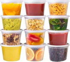 a group of plastic containers filled with different types of vegetables and fruits in each container